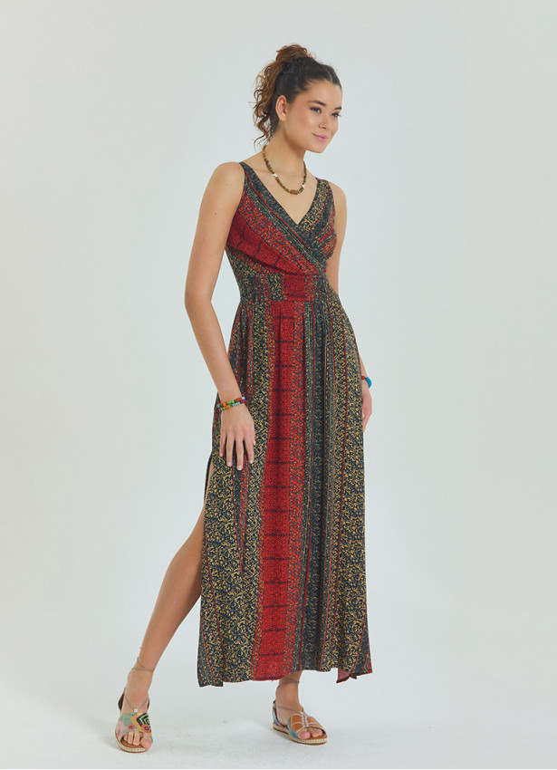 P V Neck Double Breasted Long Tile Dress 4559